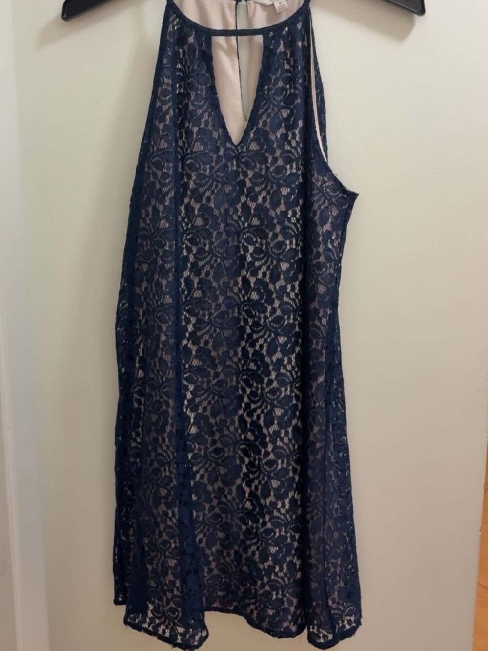 Candies Navy Lace Halter Dress w/Keyhole Neckline and Beige Lining, M